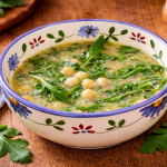 Sopa de grão e cebola com rúcula