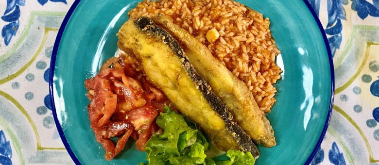 Pregado frito com arroz de tomate